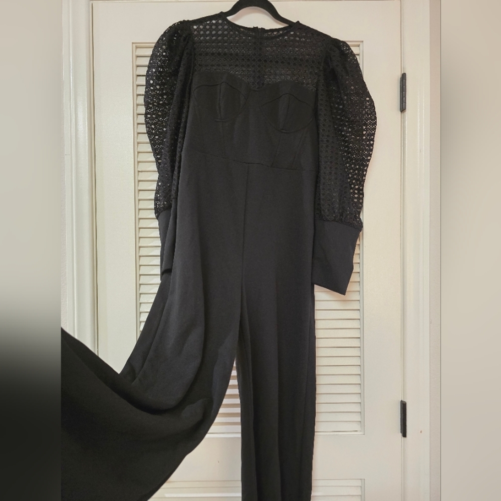 SHEIN - Modely Black Long-Sleeve Jumpsuit With Mesh Sleeves & Back Zipper